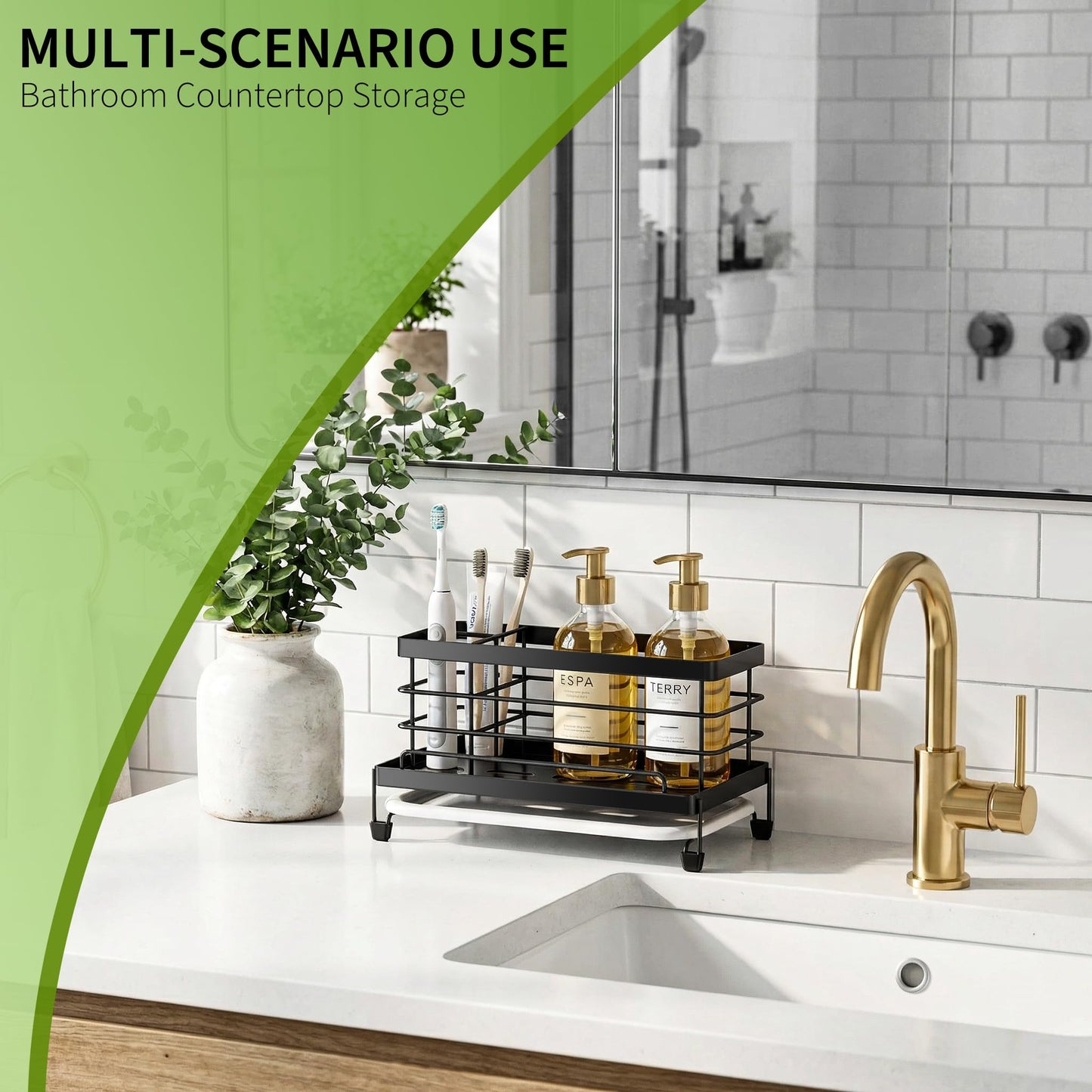 Cisily Black Sponge Holder for Kitchen, Sink Caddy Sink Organizer Rack for Kitchen Accessories with Drip Tray, Rustproof and Non-slip, Soap Dispenser Countertop Organizer Essentials for New Home