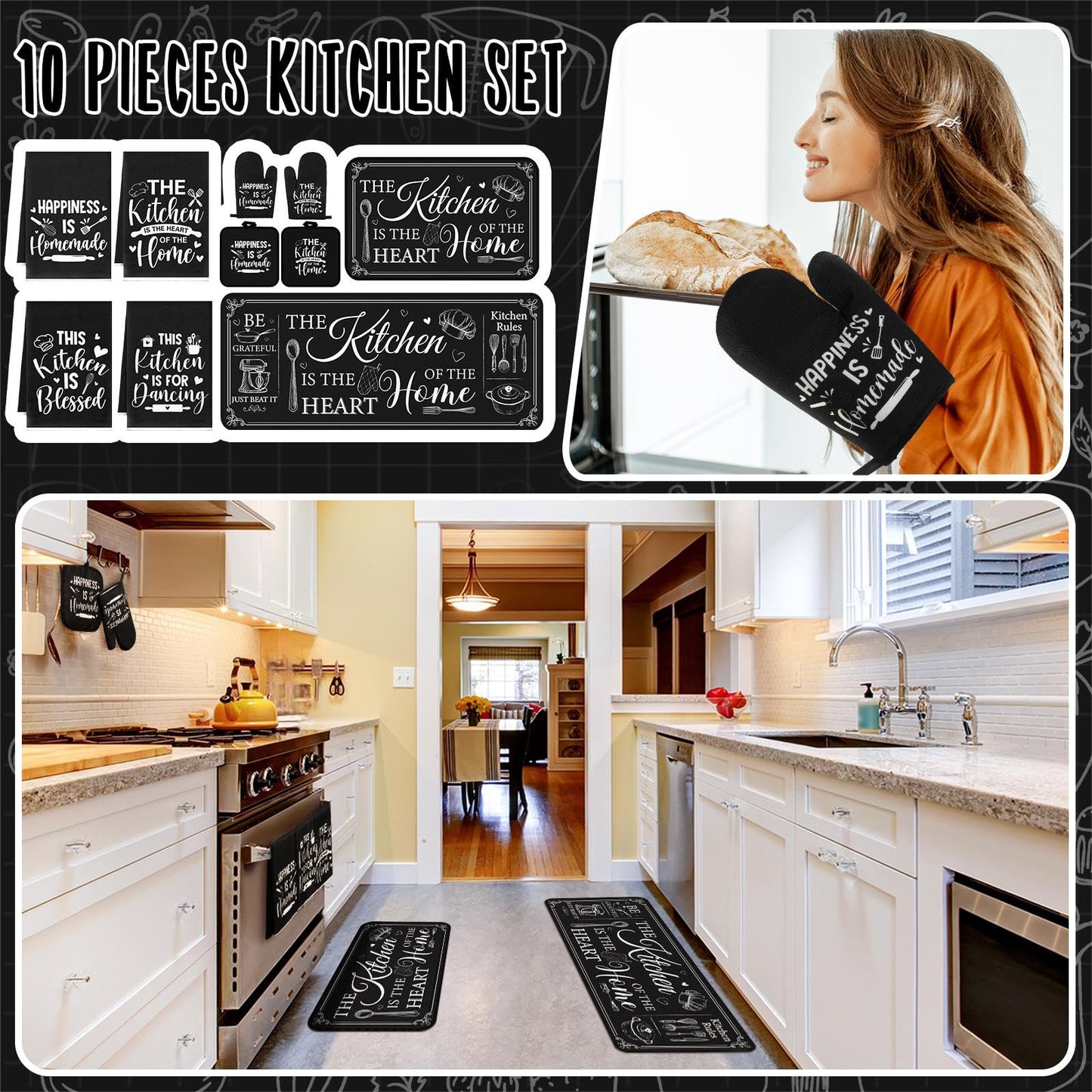 Fourluoo 10 Pcs Farmhouse Kitchen Decor and Accessories Set 4 Kitchen Towels 2 Pot Holders 2 Oven Mitts 2 Rugs for Cooking Baking Mom Housewarming Gifts(Black,Classic Style)