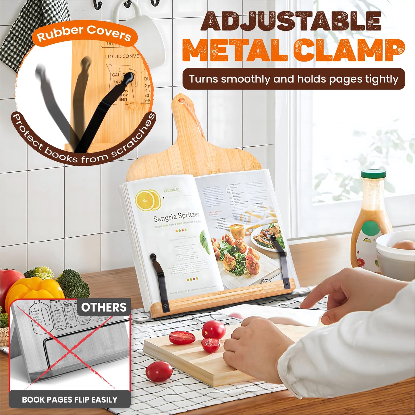 [Upgraded] Adjustable Bamboo Cookbook Stand with 7-Angles, Conversion Chart, Page Grips, Recipe Cookbook Holder for Kitchen Counter, Kitchen Book Stand for Cookbook, Textbook, Tablet, Gift for Women