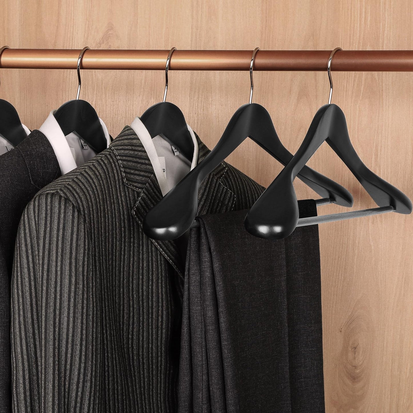 TOPIA HANGER Wide Shoulder Wooden Hangers, Suit Hangers with Non Slip Pants Bar & 360° Swivel Hook, Solid Wood Heavy Duty Coat Hanger, 10 Pack (Matte Black)-CT02B-10