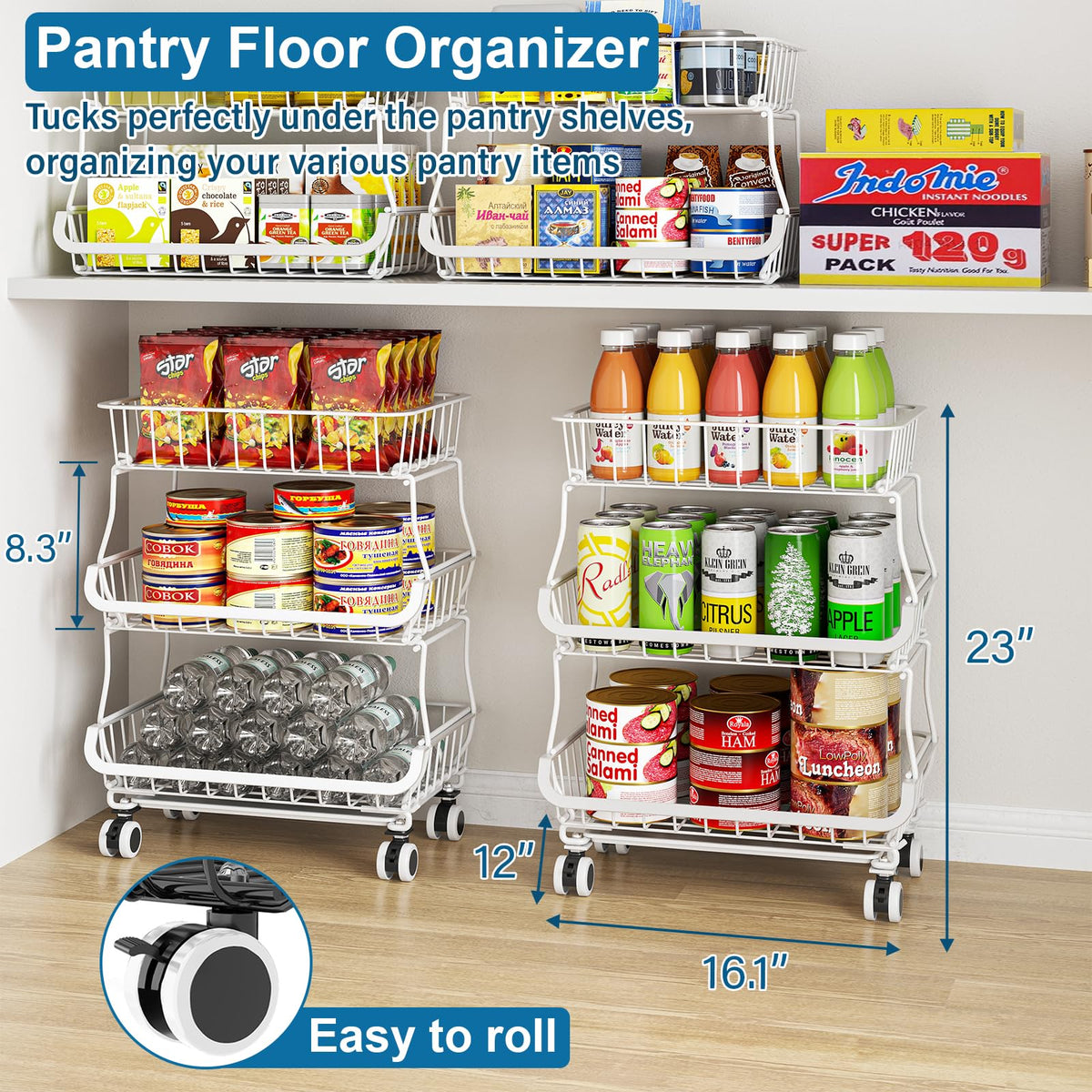 3 Tier Rolling Pantry Floor Organizers and Storage Cart with Wheels