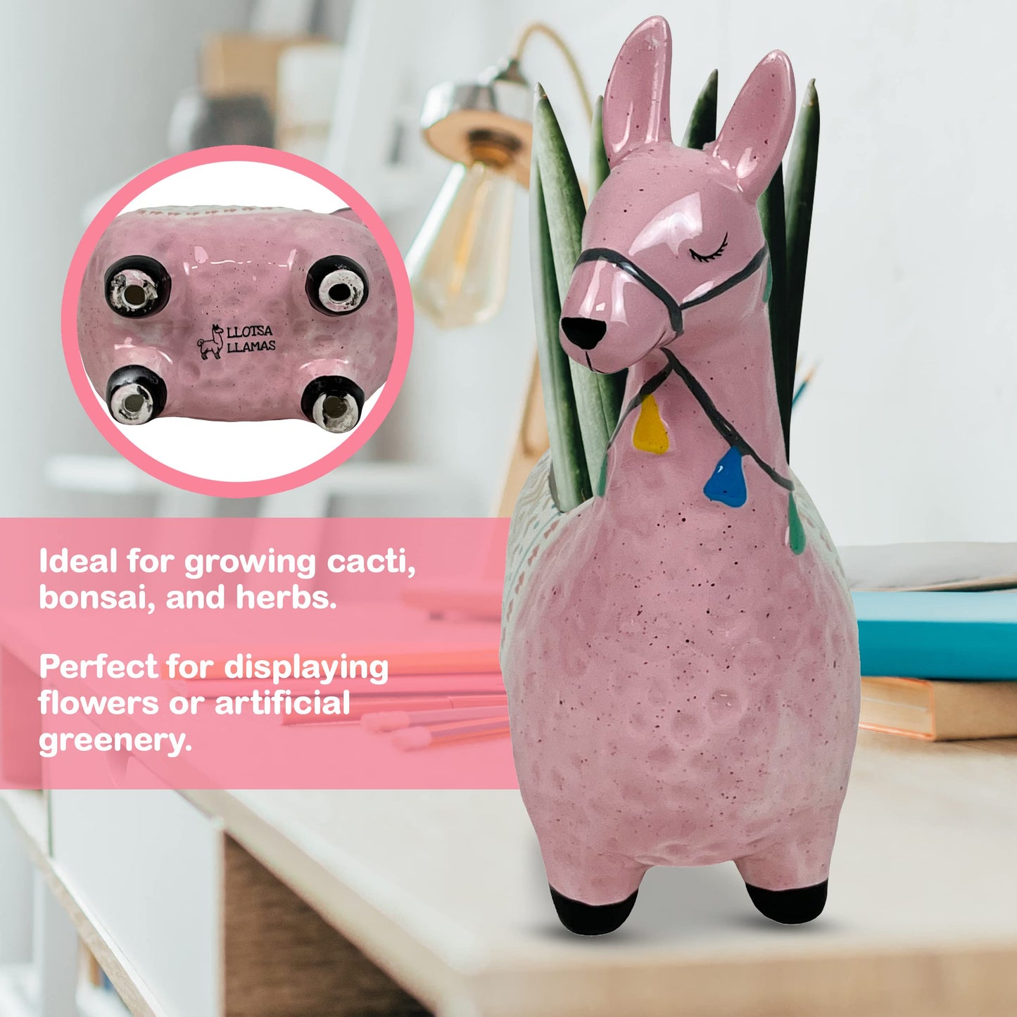 LLOTSA Llamas Ceramic Llama Planter for Succulent Plants Cute Alpaca Decor for Home, Office 8 1/2 Tall with Drain Holes Perfect for Cactus or Small House Plant Decoration (Pink)