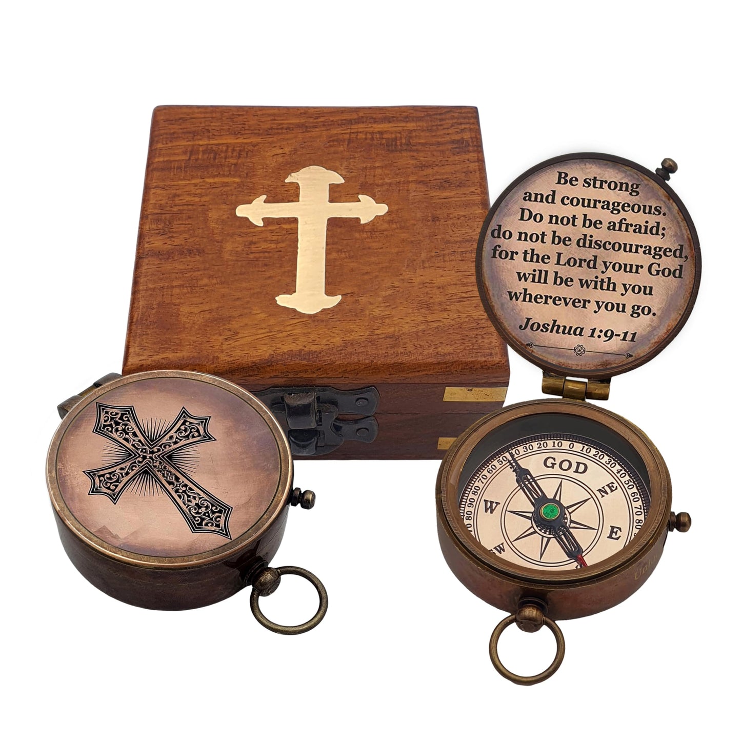 Baptism Gift Personalized Keepsake Compass Engraved Cross and Be Strong and Courageous, Confirmation Gift Ideas, Gift of Faith. Missionary (Antique with Wooden Box)