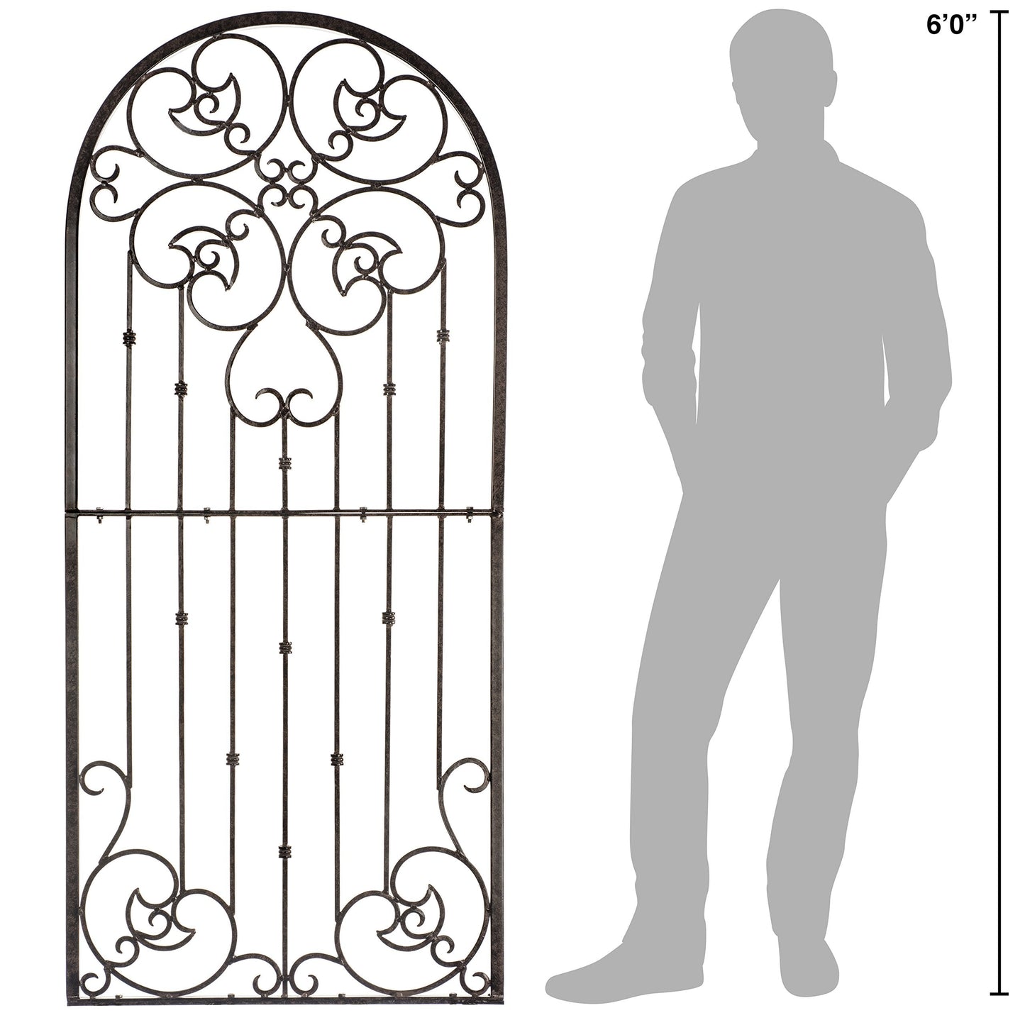 H Potter 72” Heavy Duty Garden Trellis – 60 lb Solid Iron Scrollwork Panel, 1” Metal Frame with Ground & Stabilizing Stakes (Charcoal Brown)