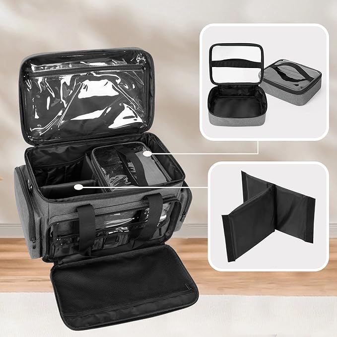 BAFASO Large Makeup Bag with 2 Removable Pouches and Detachable Dividers, Multifunctional Cosmetic Bag to Keep Makeup and Hair Supplies (Patent Pending), Gray