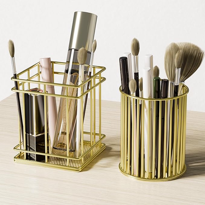 Makeup Holder - Cosmetic Brushes Storage Holder, Makeup Brush Organizer for Dressing Table, Gold, 2 Pack.