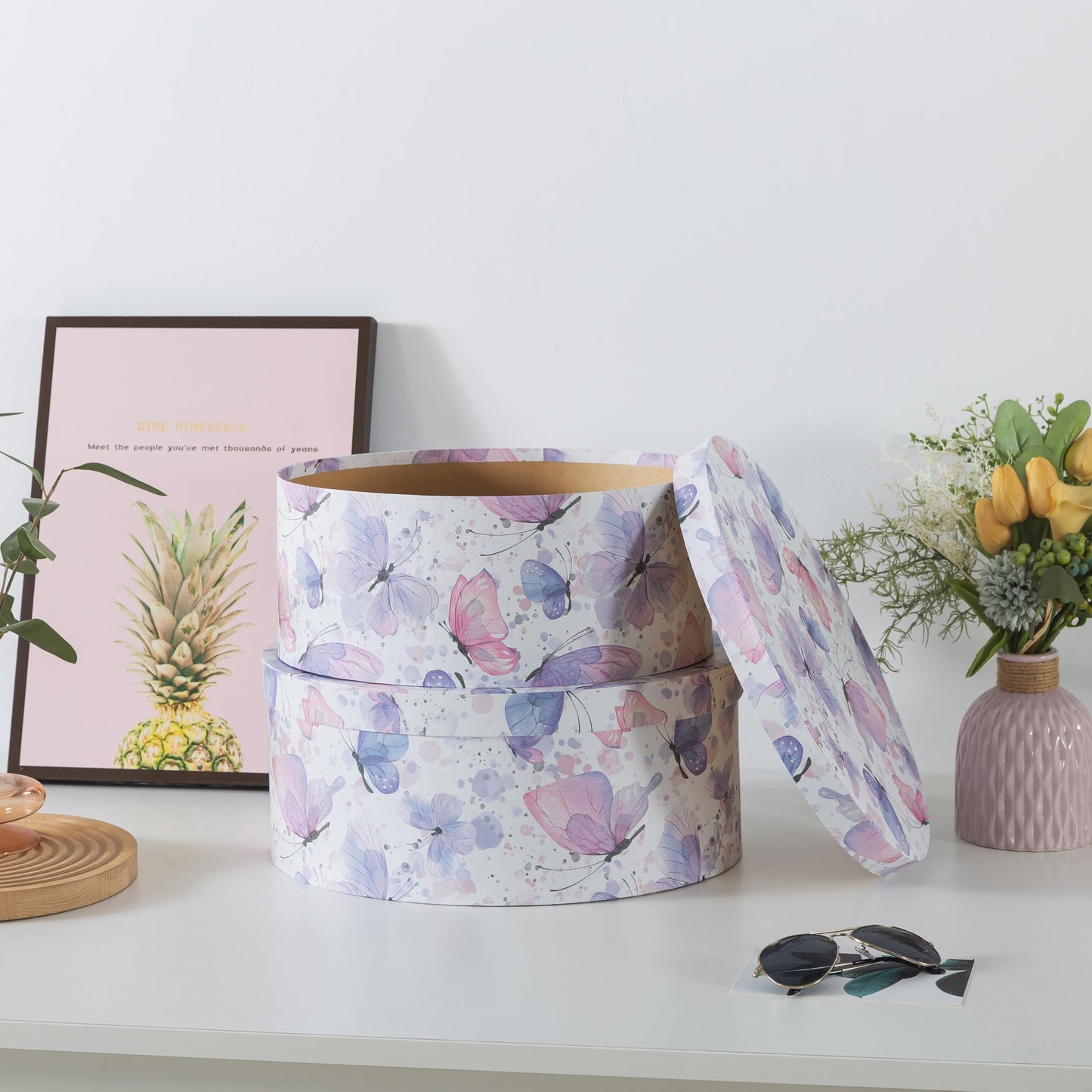 Soul & Lane Large Oblong Cardboard Decorative Storage Boxes with Lids, Set of 2 Cardboard Boxes for Flowers and Gifts, Oval Nesting Memory Containers for Keepsakes and Organizing, Butterfly Garden