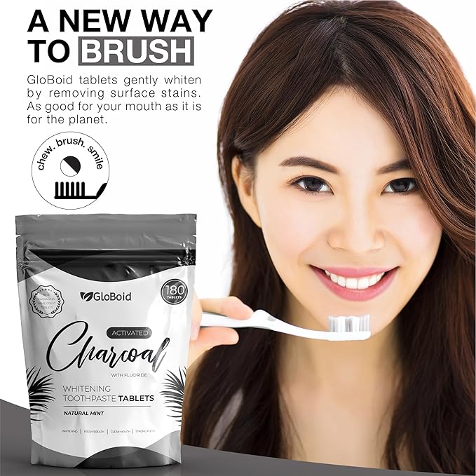 GloBoid Charcoal Toothpaste Tablets with Fluoride Three Month Refill, Zero Waste, Eco Friendly & Plastic Free Toothpaste Tabs, Toothpaste Bites for Travel