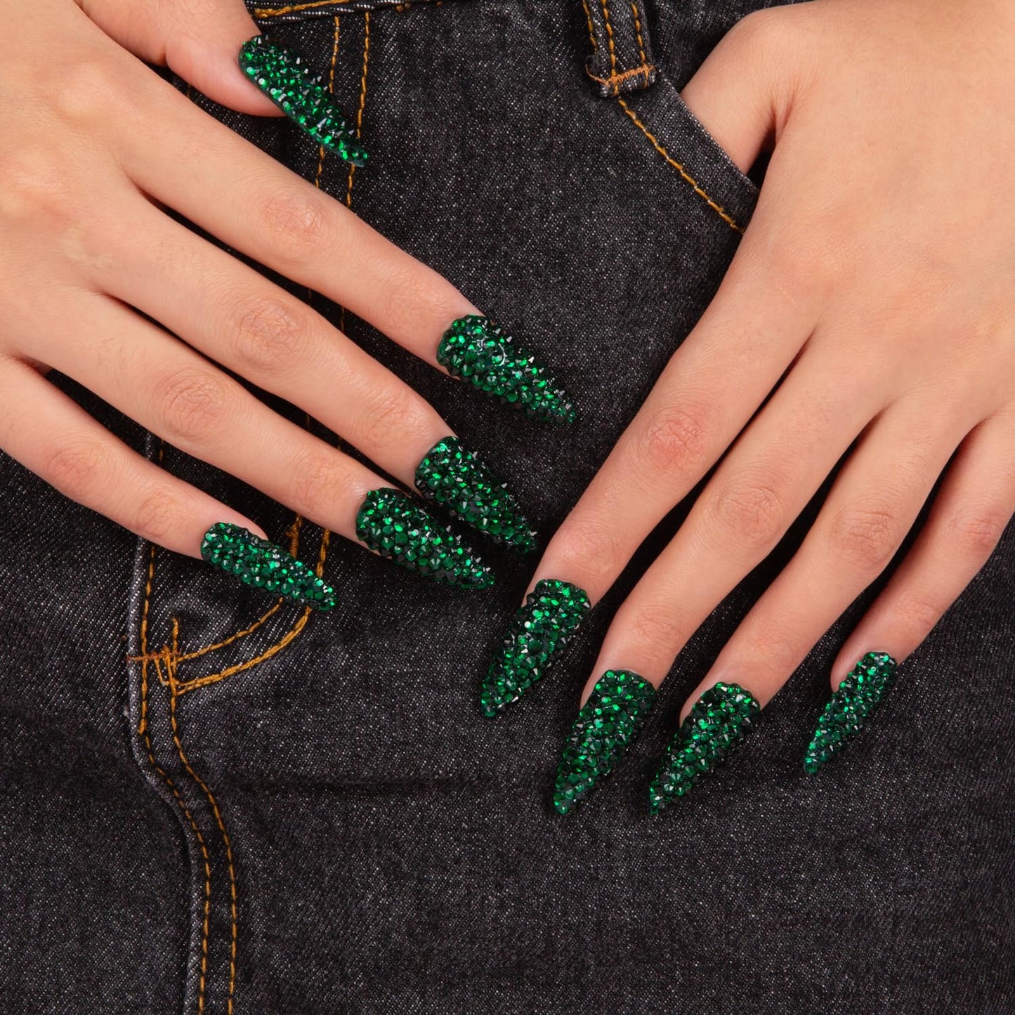 LOVFUL Press on Nails Classic Green Rhinestone | Handmade with Full Covered Crystals | Reusable Fake Nails | Stiletto Classic Regular 1.3 in | H147-S