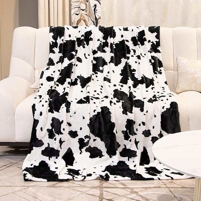 Queen Size Cow Print Fleece Blanket - Extra Large Cozy Bedding, Plush Soft Fuzzy Bed Throw for Bedroom Home Decor All Season 90"x90"