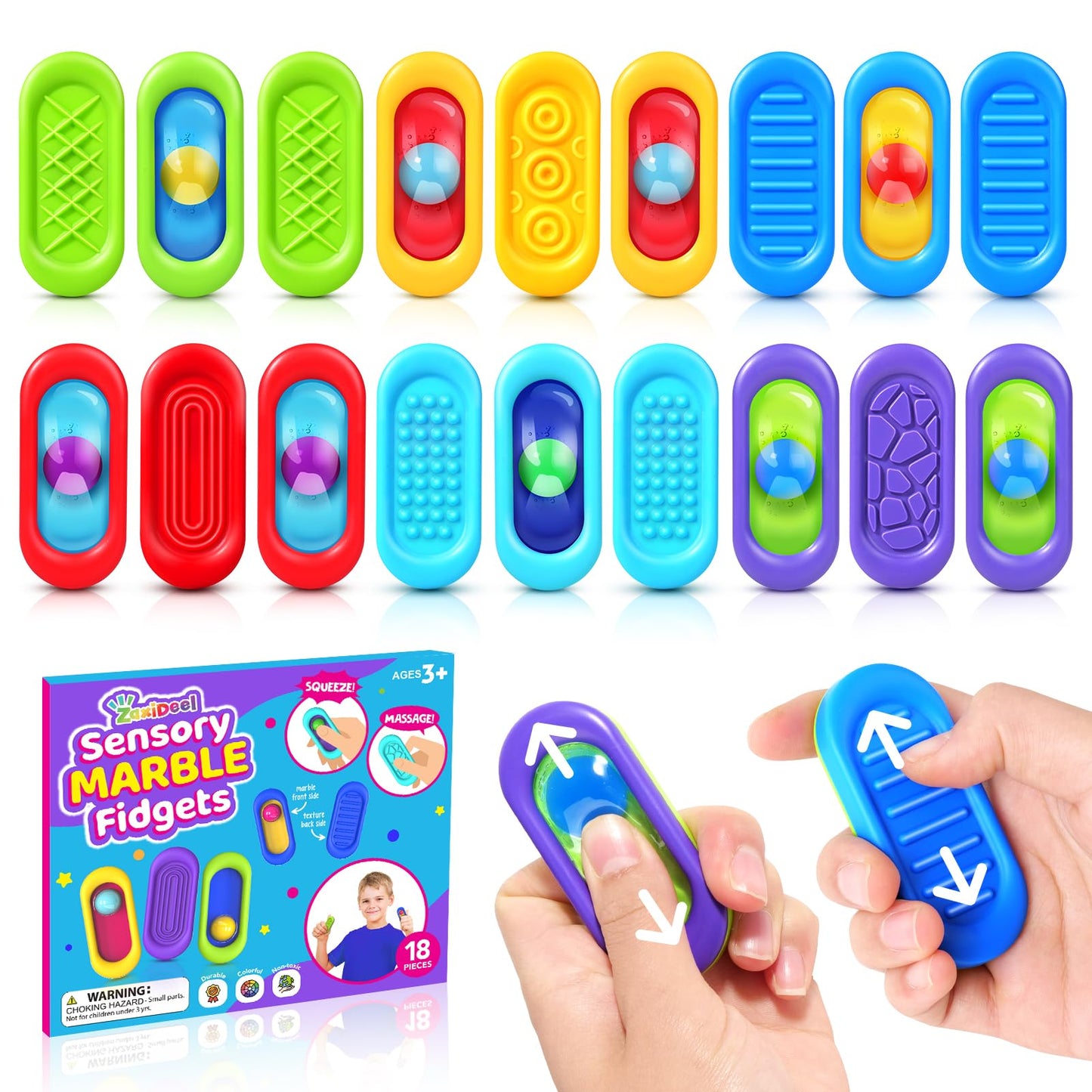 Sensory Marble Fidget for Kids Classroom- 18 Pack Gel Squeeze Stress Anxiety Autistic ADHD, Quiet Fidget Classroom Treasure Box Prize, Adult Special Needs Worry Stones, Bulk Gifts Stocking Stuffers