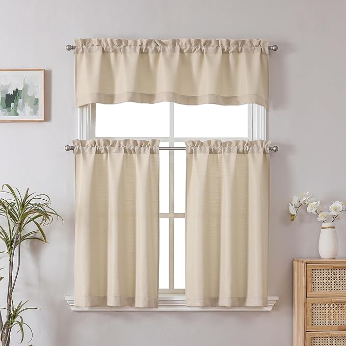 Chyhomenyc Kitchen Curtains 24 Inch Length, Light Filtering Faux Linen Textured Short Window Curtain for Bathroom Basement, Small Curtains for Cabinet Stall, Each 30x24 Inch, 2 PCS, Linen Color