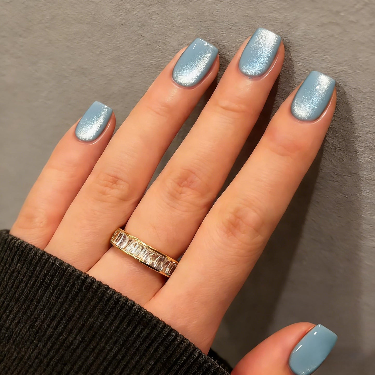 KQueenest Cat Eye Press On Nails Short - Light Teal Blue Press On Nails Square, 30 Pcs 15 Sizes Sparkly Glitter Fake Nails Press ons, Thick Quality, Reusable Small Glue on Nail for Women Summer