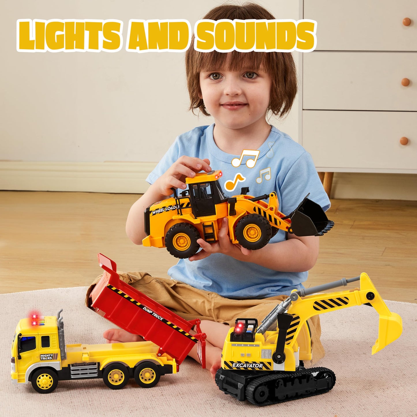 JOYIN 3 Pack Construction Toy - Excavator, Dump Truck and Loader, Moveable Claw & Lifting Back, Construction Truck Toy, Birthday Gift for Toddler Boys Kids