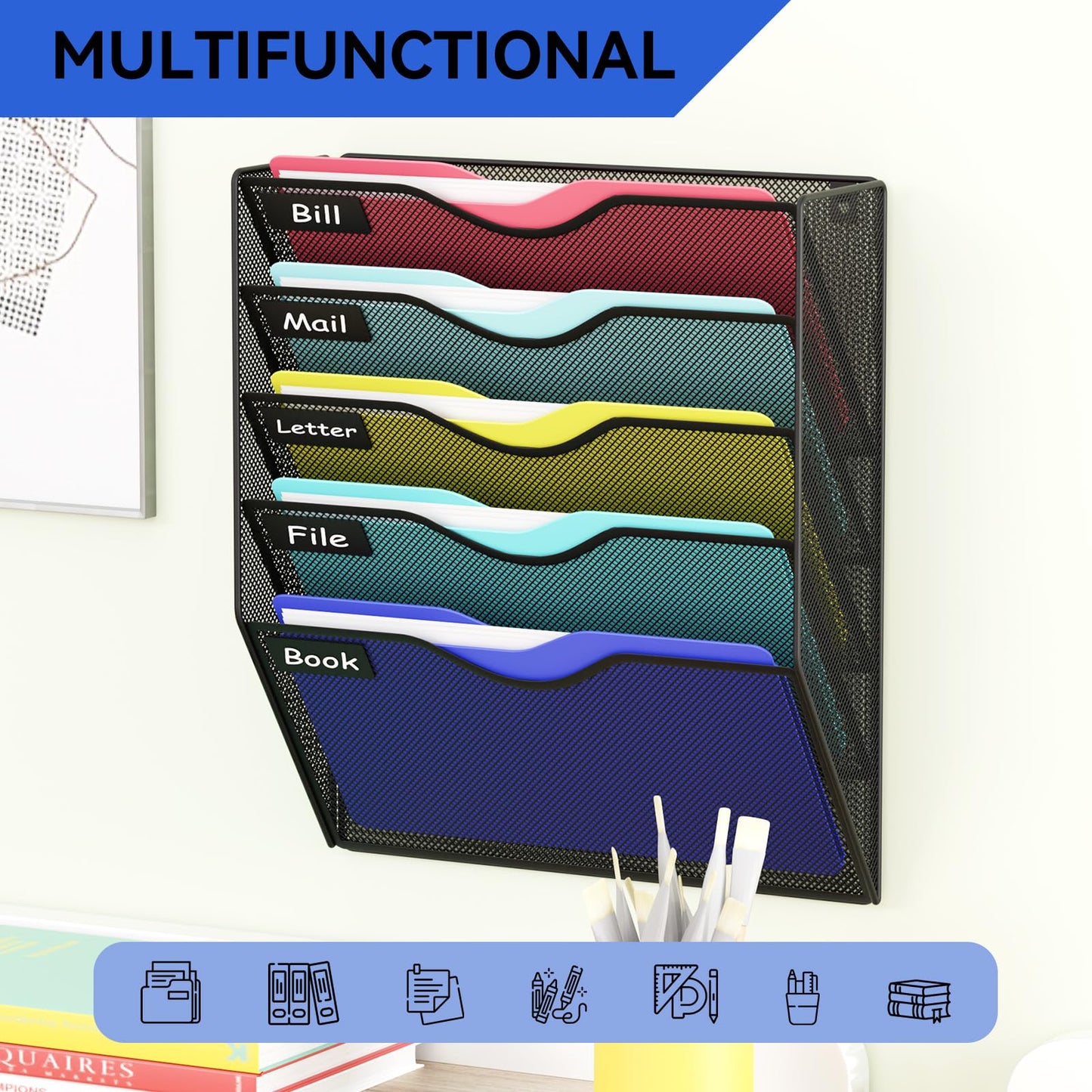 GDINDINFAN 5 Pockets Hanging Wall File Organizer Mail Holder, Wall Mounted Paper Document Folder Holder, Clipboard Storage Organization Magazine Rack, Black