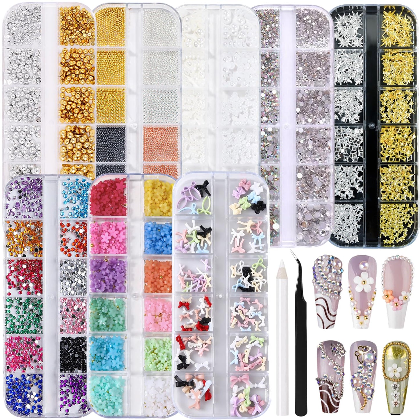 GZMAYUEN Nail Charms, Rhinestones for Nails, Nail Pearls, 3D Nail Charms and Gems, Nail Art Accessories Set, 8 Boxes