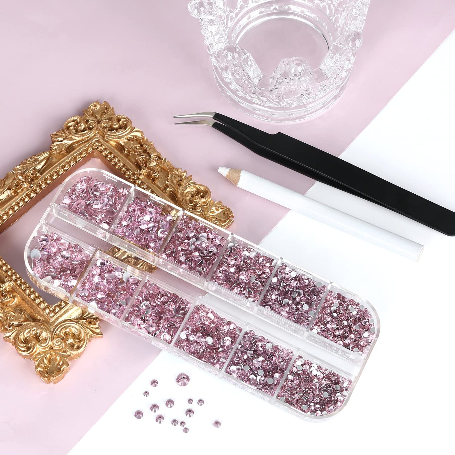 3792pcs Pink Crystal Flatback Rhinestones Glass Diamantes Round Gems for Crafts Nail, Makeup, Clothes, Mixed 6 Sizes with Wax Pencil and Tweezer Kit(SS6~SS20)