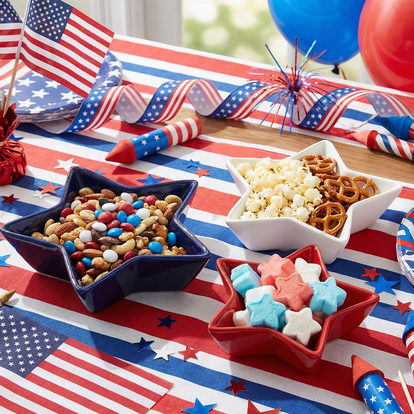 Yungyan 3 Pcs 4th of July Serving Bowls Red White Blue Patriotic Star Shaped Ceramic Nesting Prep Bowls Set 3-Size Serving Dishes for American Independence Day Memorial Day Summer BBQ Kitchen Dining