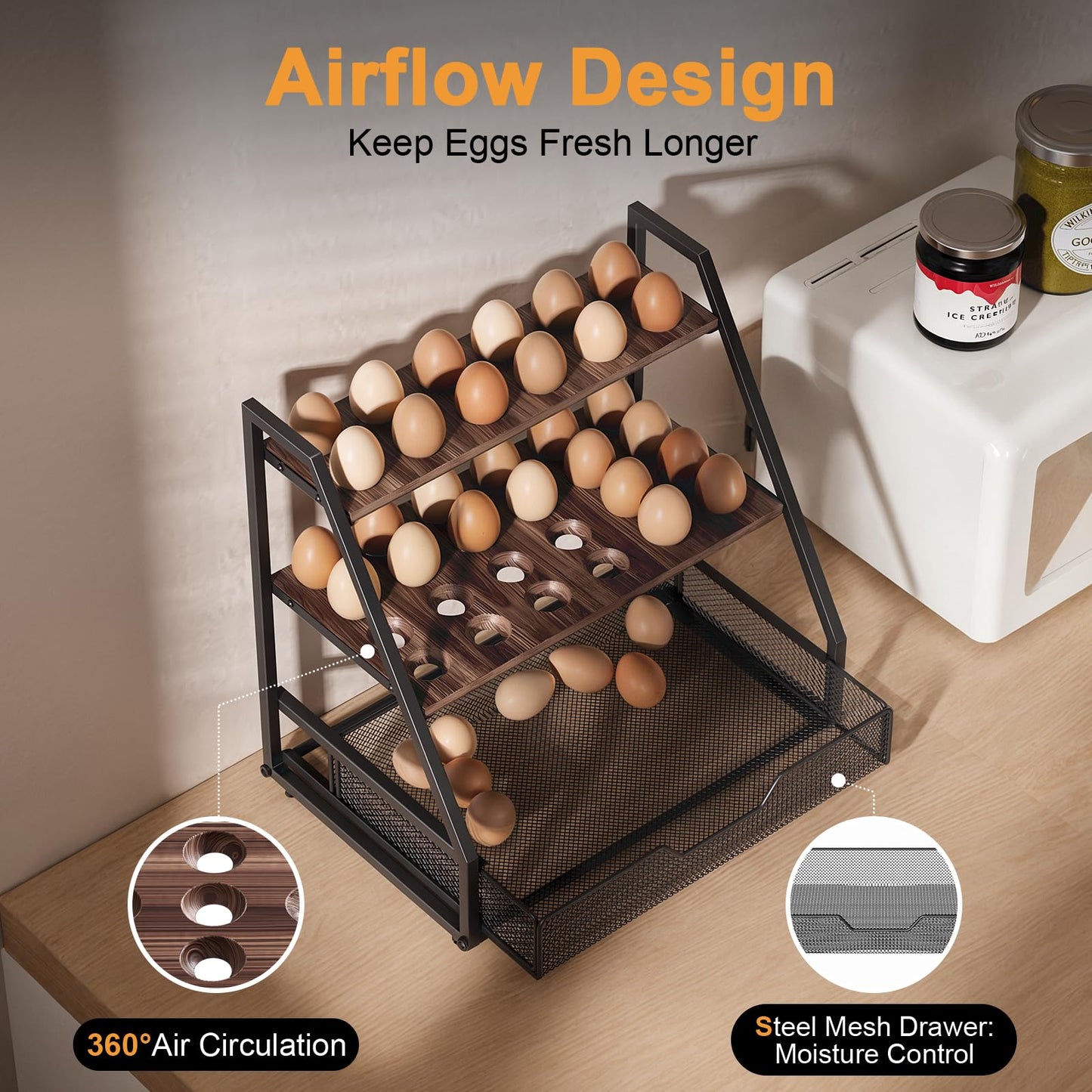 Wolera 3-Tier Wooden Fresh Egg Holder Countertop With Basket for 36+90 Eggs, Storage for Countertop with Carry Handle for Gathering 150+ Fresh Eggs