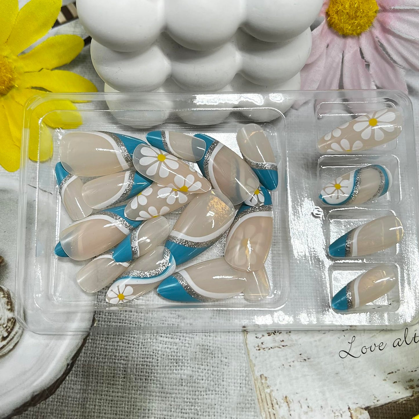 White Daisy Press on Nails Medium Almond Fake Nails with Glitter Blue Stripe Designs Blue French Tip False Nail Spring Summer Flowers Stick on Nail for Women 24Pcs