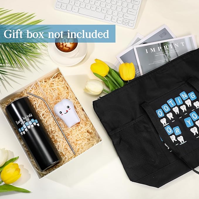 Nuogo 3 Pcs Positive Dental Hygienist Gifts Dentist Assistant Gift for Women Men Inspirational 20oz Tumbler Tote Bag Tooth Stress Toy for Dental Hygiene Month Employee Appreciation(Black,Teeth)