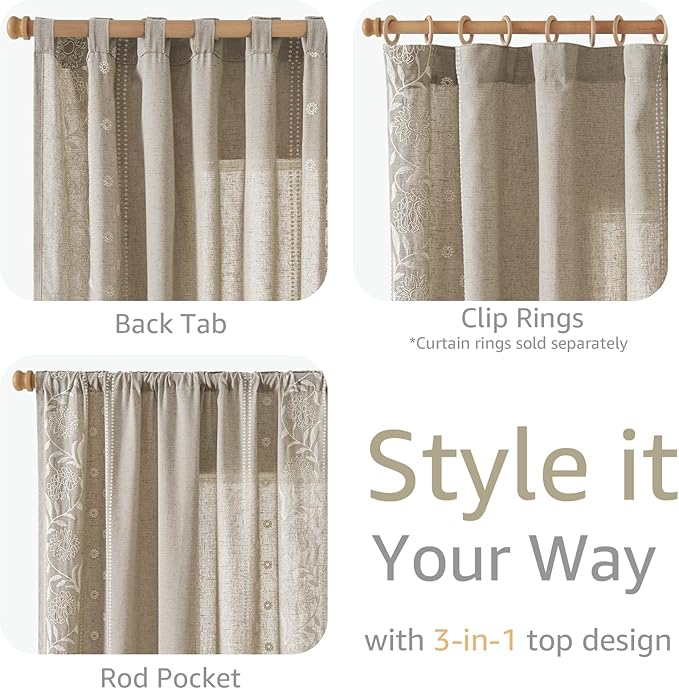 jinchan Winslow Linen Curtains for Bedroom 63 Inches Length Embroidered Bordered Floral Curtains for Living Room Farmhouse Decor Light Filtering Window Treatments Ivory on Taupe Drapes 2 Panels