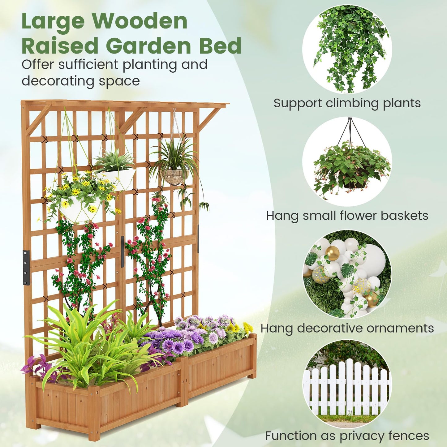 Toolsempire 72" Raised Garden Bed with Lattice Trellis, Hanging Roof & Drainage Holes, Elevated Wooden Planter Box for Vine Climbing Plant, Flower, Herb & Vegetable