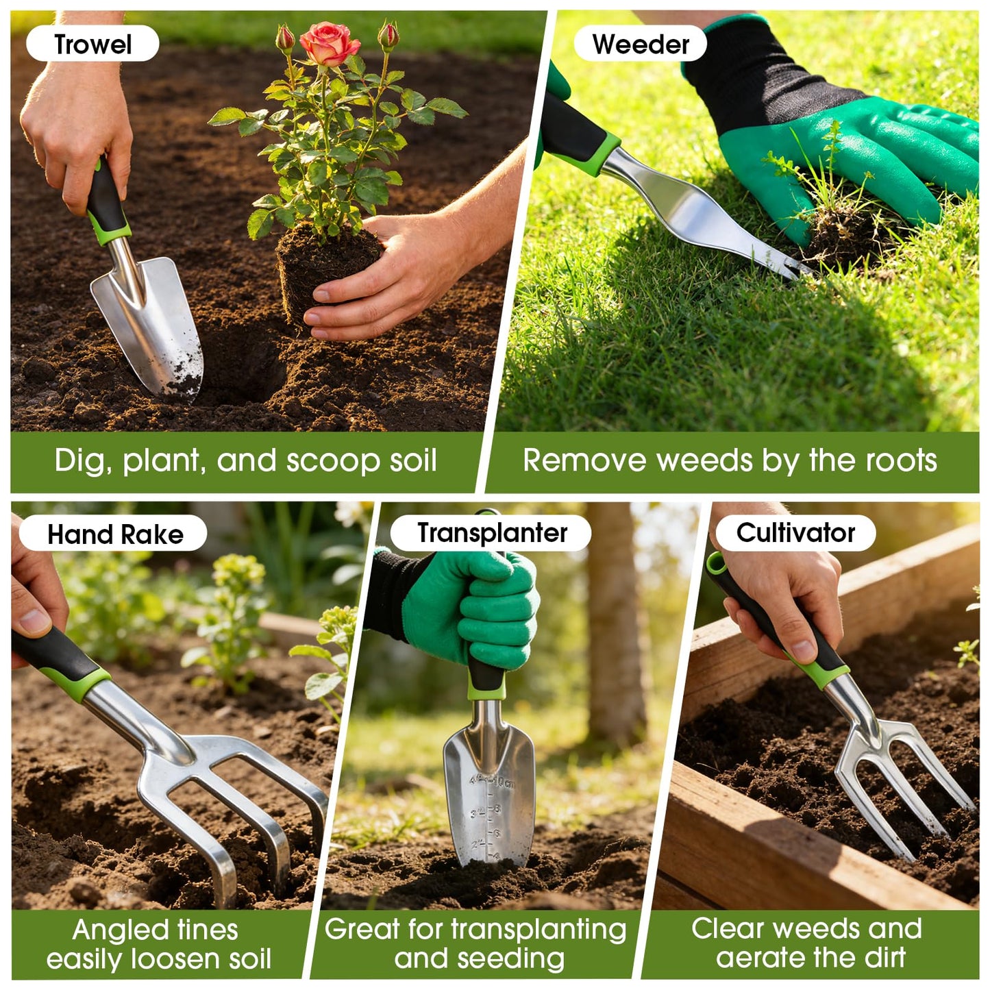 WOWBOX Garden Tools Set - 10 PCS, Heavy Duty Gardening Hand Tools Kit with Storage Tote, Rust-Resistant Gardening Supplies for Planting with Non-Slip Ergonomic Handle for Women and Men (Green)