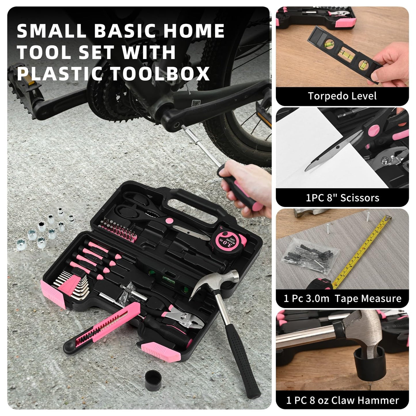 GETFOO 144-Piece Pink Tool Kit Basic Home Repair Tool Set General Household Hand Tool Kit Small Tool Kit with Plastic Toolbox basic home tool kit for Women, Office & College Repairs