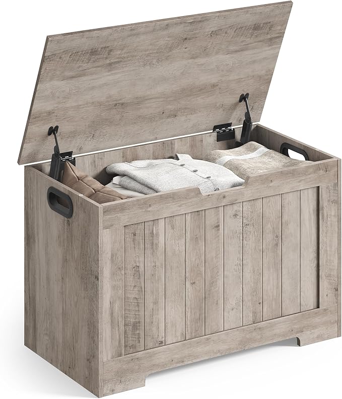 VASAGLE Storage Chest, 29.9 Inches Width Storage Bench, Entryway Bench with 2 Safety Hinges, Shoe Bench, Farmhouse Style, for Entryway, Bedroom, Living Room, Heather Greige ULHS011K01
