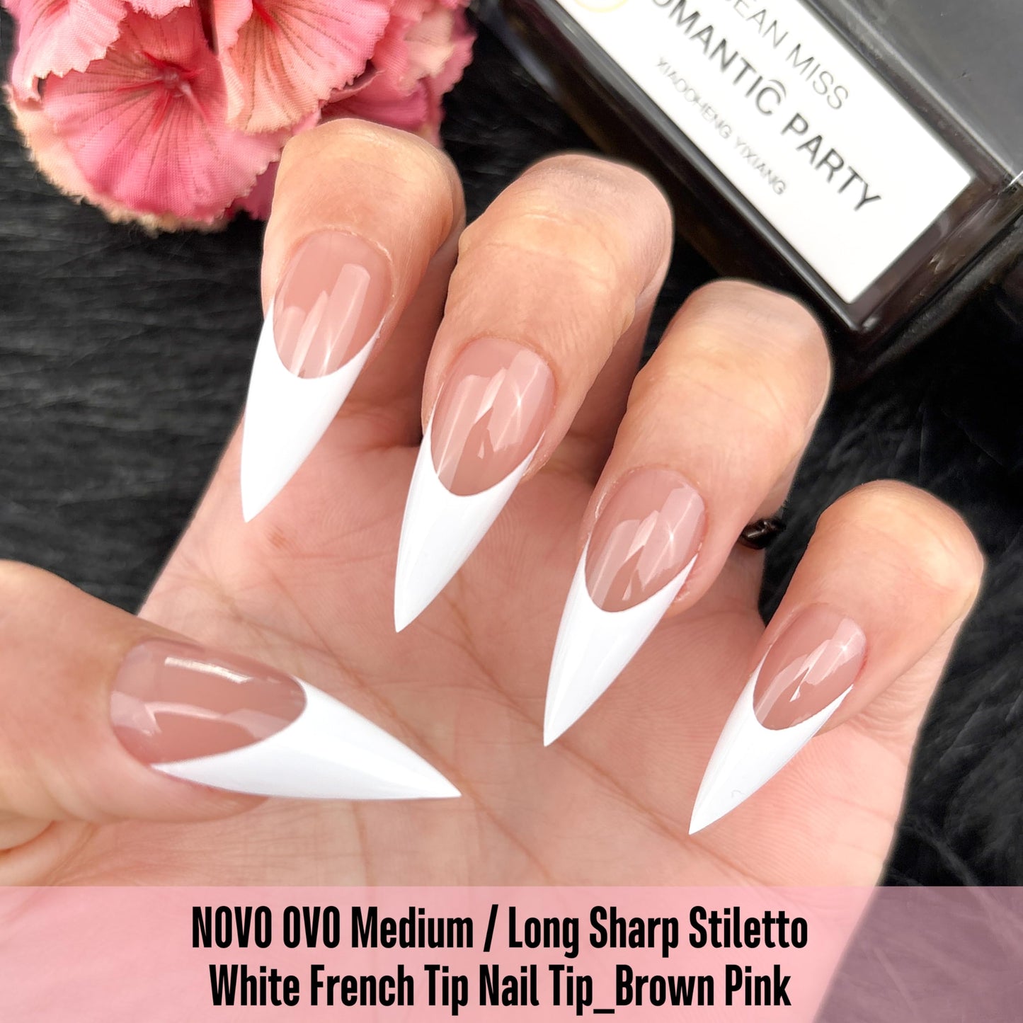 NOVO OVO Medium Long Sharp Stiletto Nail Tips (White French Tip) - Brown Pink Nude Soft Gel Press Ons, Pre-Designed Full Cover Fake Nails for Instant Salon Manicure, 16 Sizes (160 Pcs)