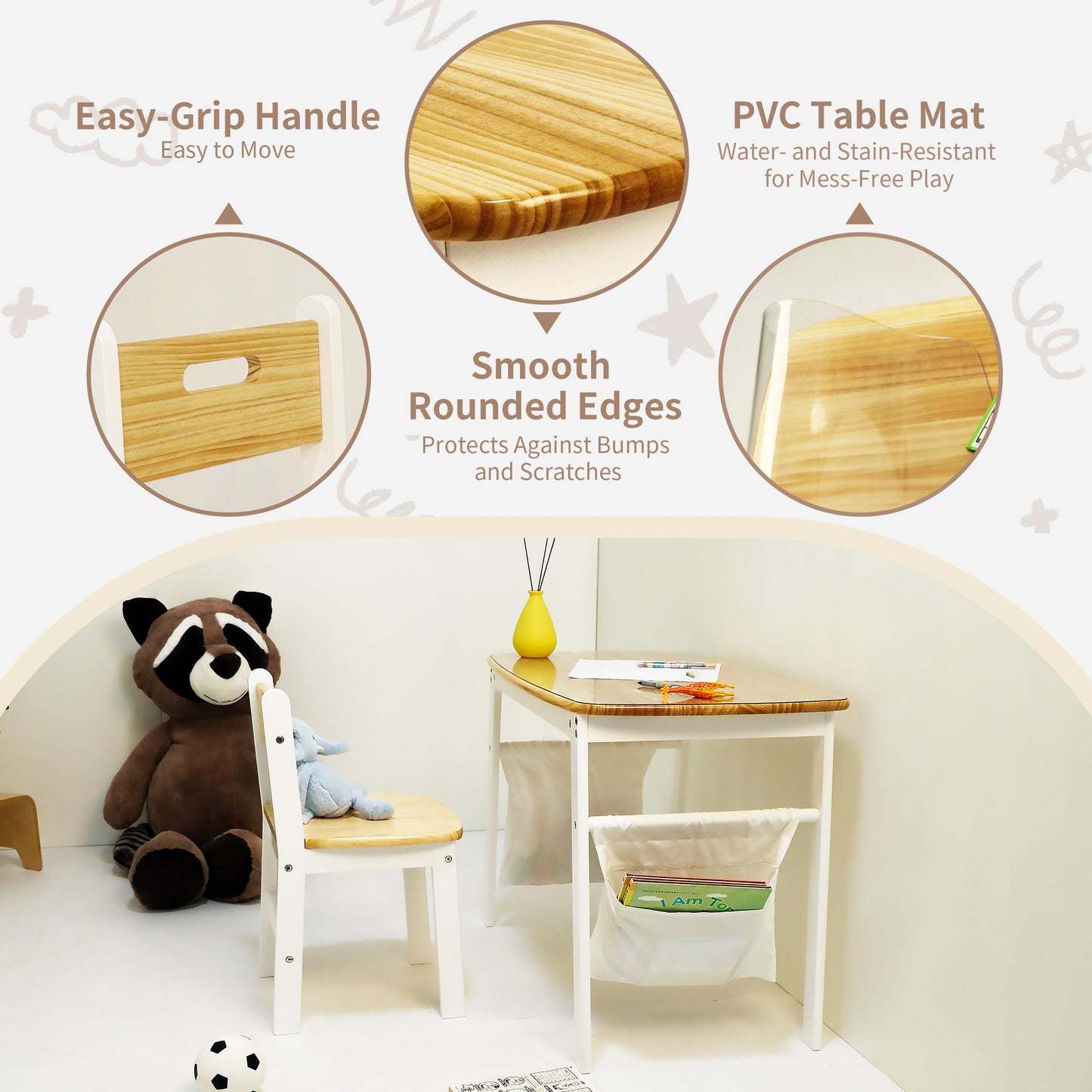 Damoch Family® My First Desk - Kids Desk & Chair Set (Ages 3-8) - Natural Wood Study Table with Ergonomic Chair, Learning Station, Art & Craft Table | PVC Protector & Storage Bags Supplied