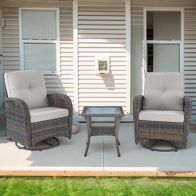 HUMMUH Outdoor Swivel Chairs,3 Pieces Patio Furniture Set with 360 Degree Wicker Swivel Rocking Chairs and Side Table for Garden,Porch,Backyard (Brown/Beige)