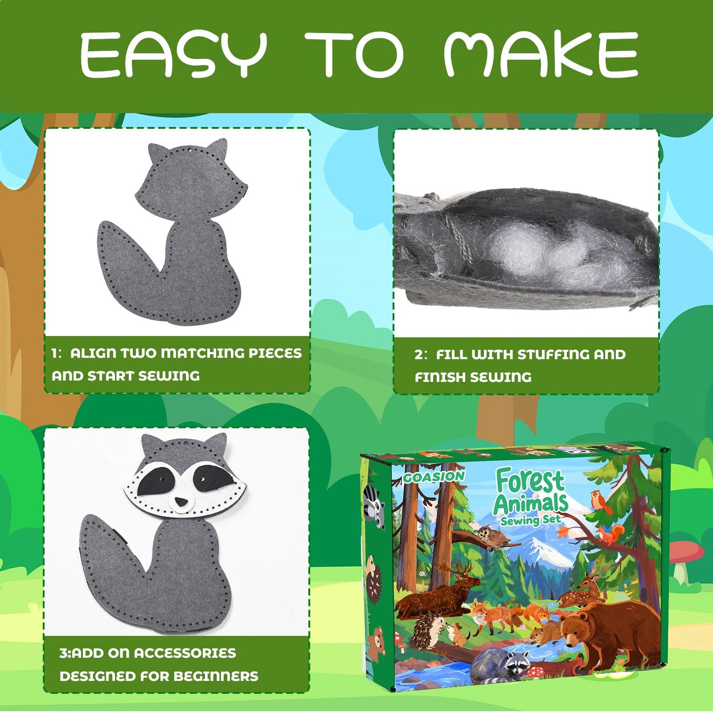 GOASION Sewing Kit for Kids, Woodland Animals Kids Sewing Kit, Pre Punched Design for DIY Hanging Decorations, Sewing Tit for Beginners Age 8-12, Boys & Girls Birthday Gift