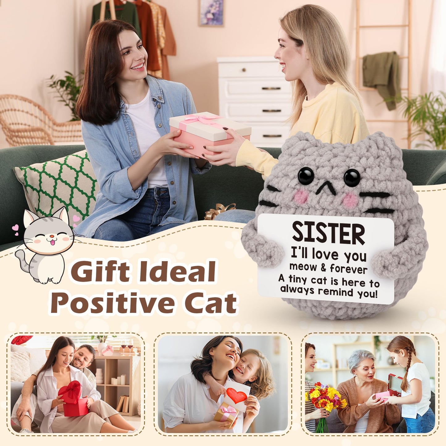 tGifGLonyi Mothers Day Sister Gifts for Sisters Inspirational Love You Birthday Gifts for Sister Bestie Birthday Easter Basket Essentials Handmade Crochet Cat