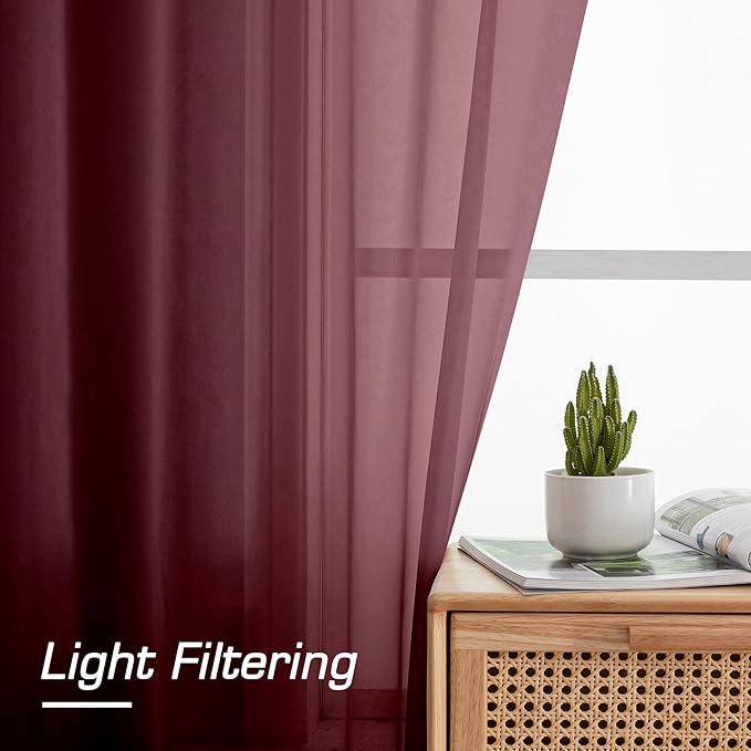 Simplebrand Rod Pocket Top Solid Voile Sheer Curtains for Bedroom, 54 Inch Length Drapes Set of 2, Lightweight and Light Filtering Elegant Red Curtains Panels Window Treatment, 42W×54L, Burgundy