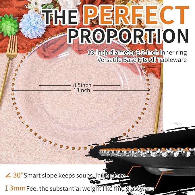 24 Pack Clear Charger Plates Bulk Wedding, 13 Inch Plastic Round Dinner Chargers with Orange Beaded Rim, Acrylic Round Decorative Plates for Wedding Party Home and Tabletop Decor (Orange)