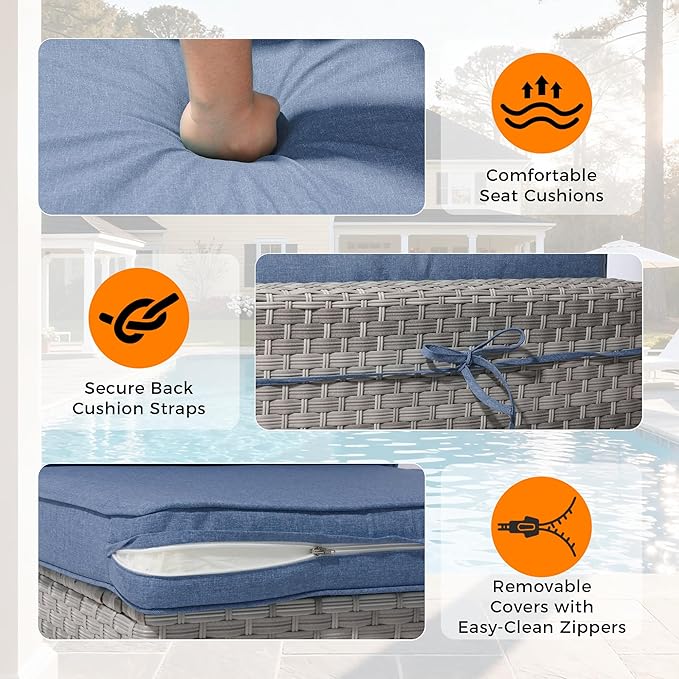 8-Seat Modern Patio Furniture Set with Swivel Rocking Chairs, Thick 4″ Cushions, Dual-Strand Wicker Rattan, Rust-Resistant Steel Frame – Outdoor Conversation & Modular Sectional,Navy