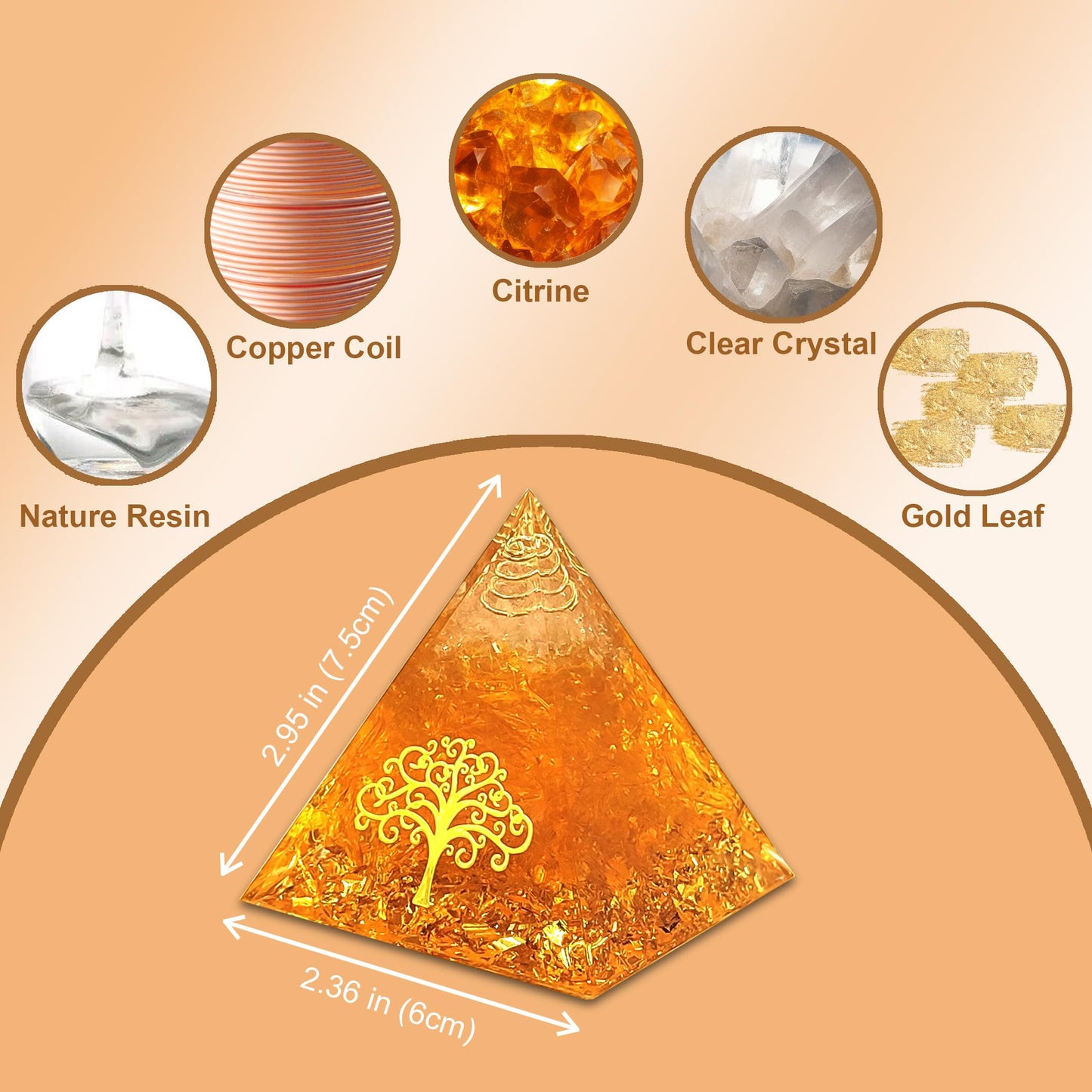XQIGI Citrine Meditation Orgone Pyramid with Light Base– with Tree of Life – Ideal Chakra Crystal for Optimism Positivity Financial Abundance Luck Wealth Succes