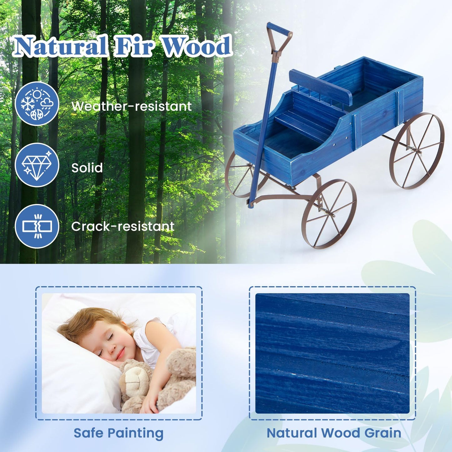 Goplus Wagon Planter, Decorative Wooden Garden Planter with Wheels, 2 Planting Sections and Adjustable Handle, Indoor Outdoor Backyard Balcony Decor (Blue)
