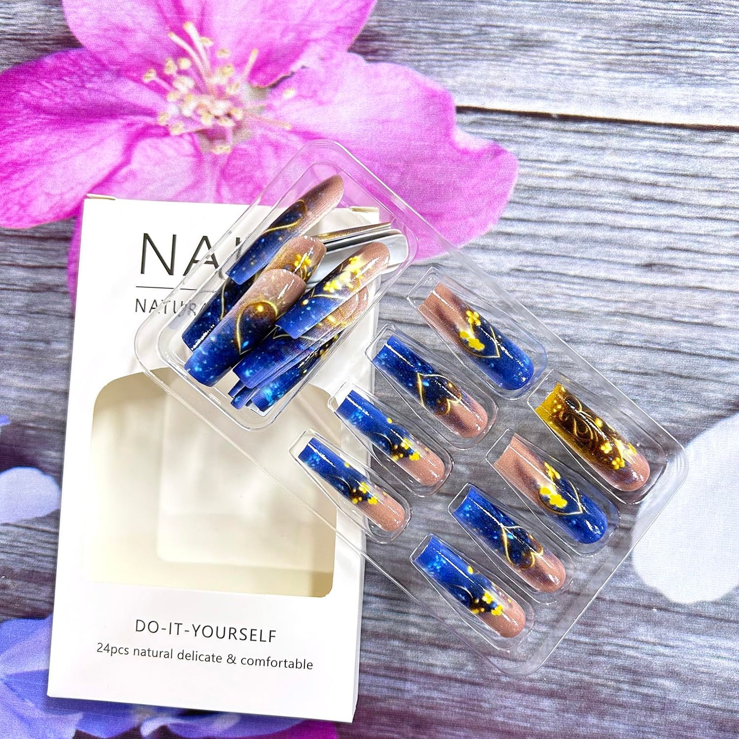 Gold Love Heart Acrylic Nails Blue Gradient Valentine's Press on Nails Square Golden Flowers and Heart Pattern Design Valentine's Nails Artificial Coffin Nails Glossy Glue on Nails for Women