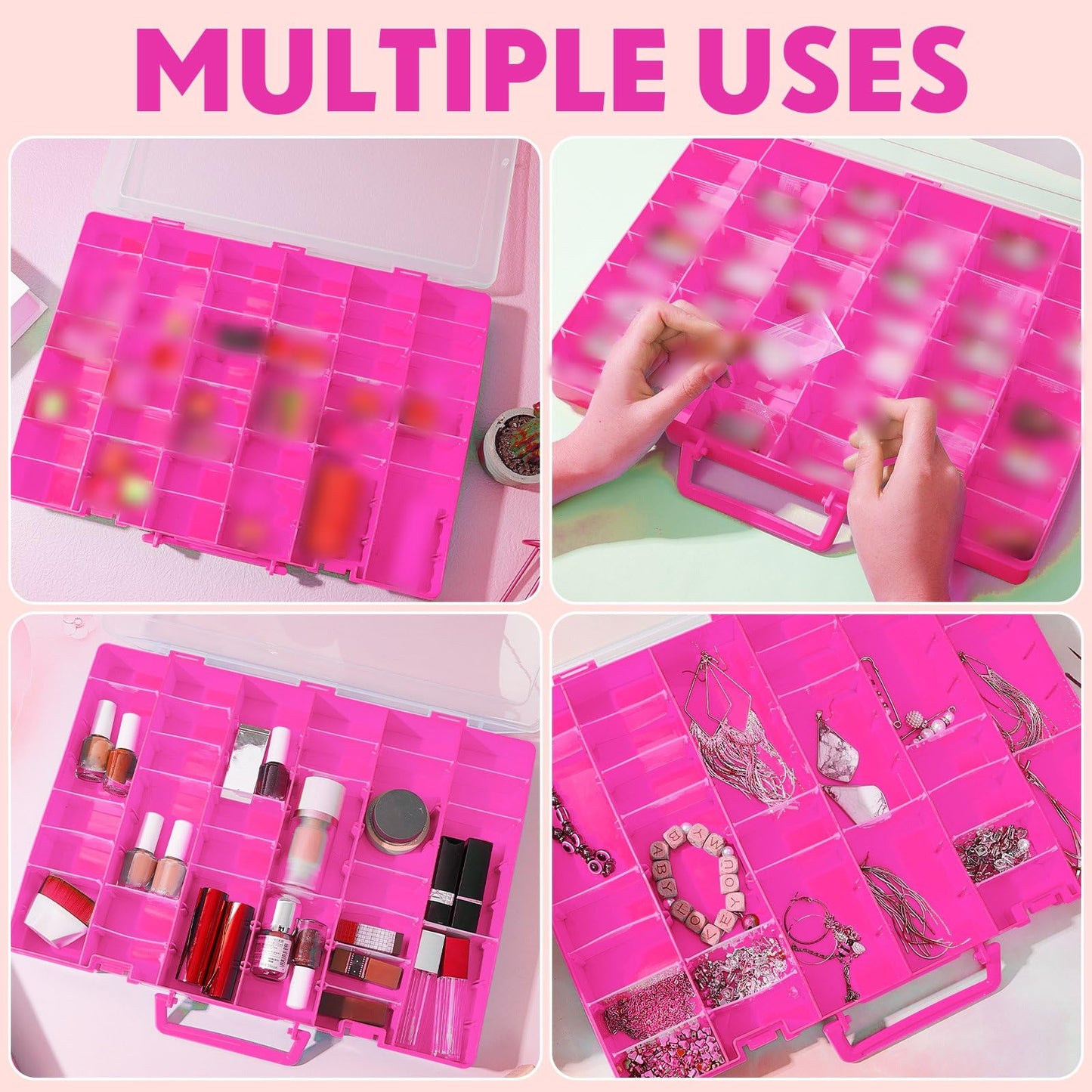 Juexica 2 Pcs Large 48 Grids Plastic Storage Bead Organizer Box, Tackle Box, Compartment Organizer Container with Adjustable Dividers for Jewelry Art Crafts Toys Screw Small Parts(Pink)