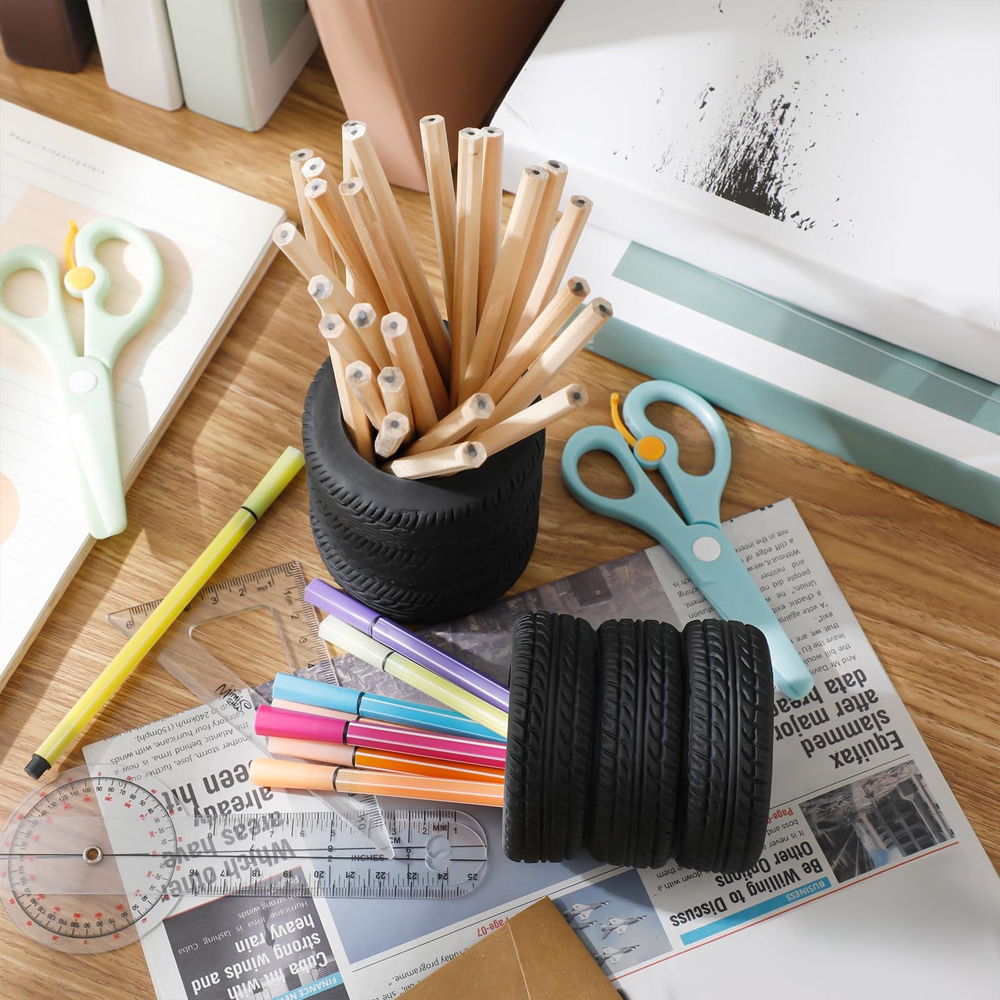 Tenceur 8 Pcs Tire Shaped Pen Holder Pen Holder for Car Desk Decor for Men Tire Shaped Pencil Boxes Bulk School Accessories Funny Pencil Brush Pot for Office Desk Accessories Back to School Gift
