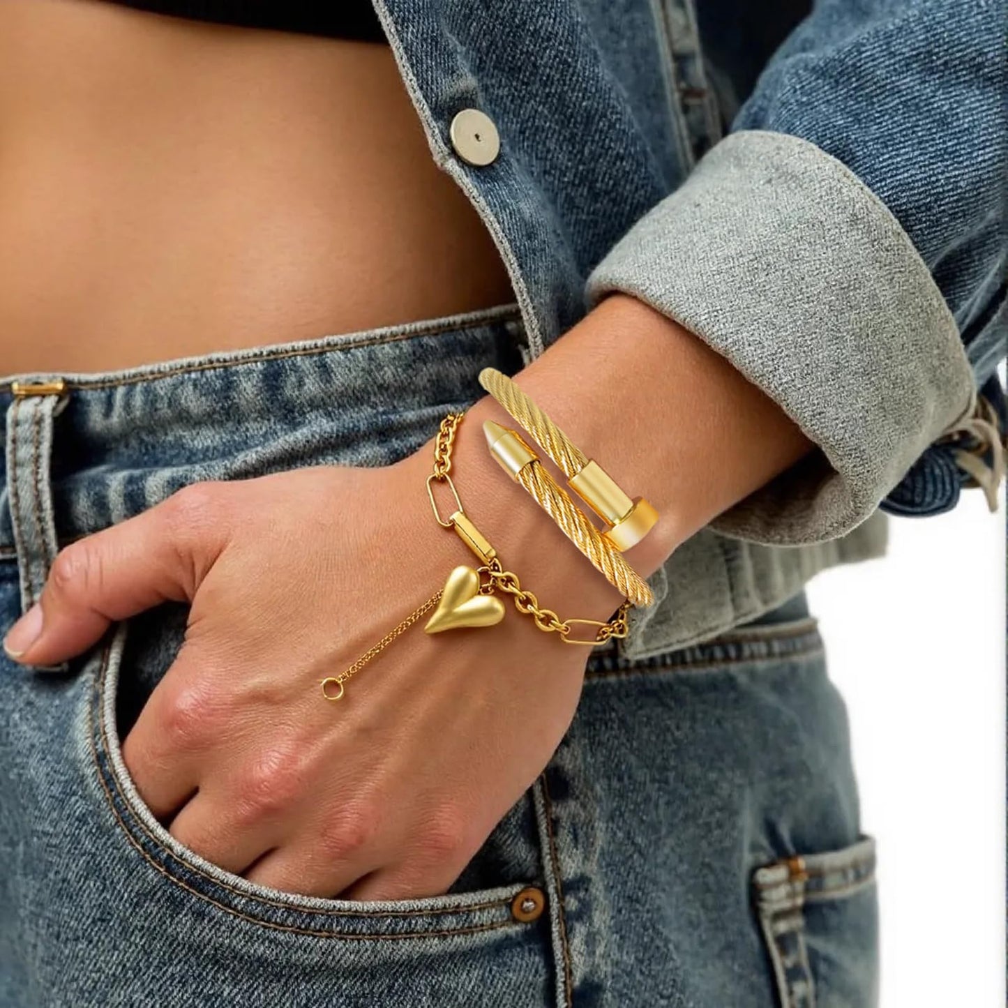 LCTrusttmor Gahna Heart Charm Bracelets for Women, Stackable 18K Gold Plated Heart Charm with Adjustable Box Link Chain Set Trendy Jewelry Gifts