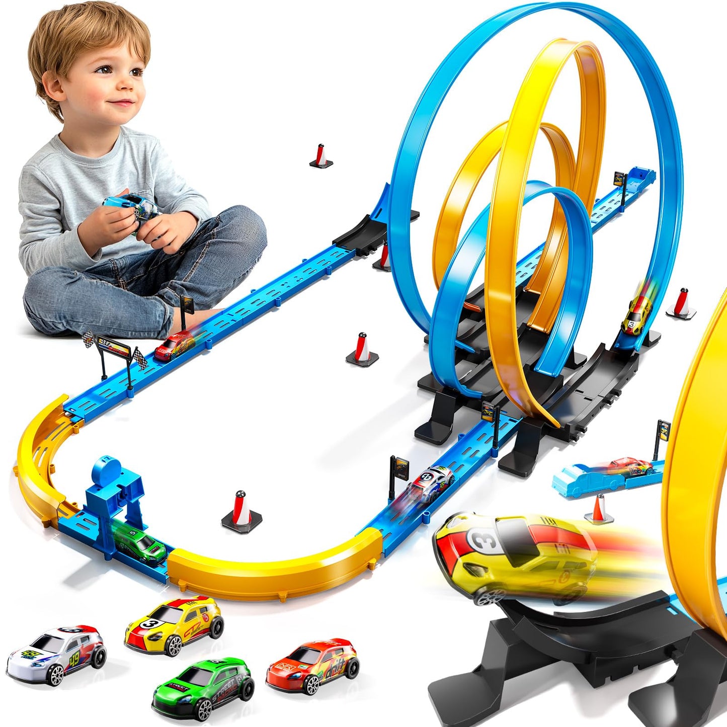 LILYBUDS Toy Car Race Track Set for Boys Kids Age 3-5 4-7, Race Tracks with 4 High-Speed Pull Back Race Cars and Crash Zones, Christmas Halloween Birthdays Gifts Toys for Boys Kids 4-6 8-12 Years Old