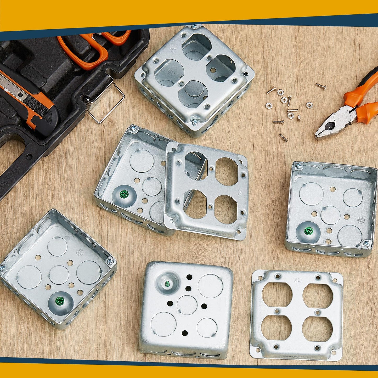 Copkim 8 Set 4 × 4" Electrical Junction Box with Cover Electrical Metal Outlet Box, 21.0 Cu. in. Capacity Receptacle Exposed Work Cover, 1-1/2'' Deep (Double Duplex Receptacle)