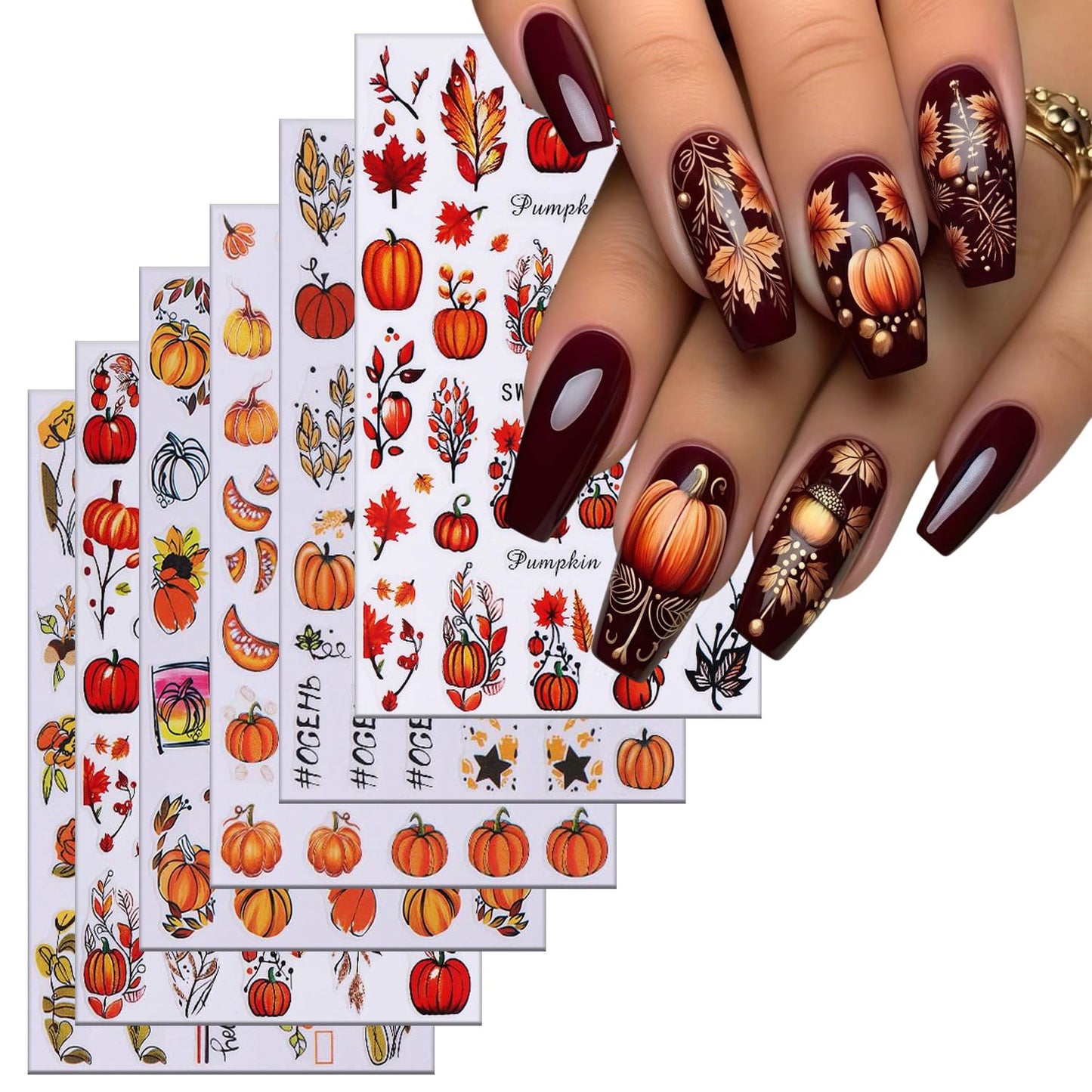 6 Sheets Thanksgiving Nail Art Stickers 3D Self -Adhesive Fall Maple Leaf Nail Decals Holographic Flower Pumpkin Nail Stickers Autumn Thanksgiving Nail Staickers Decoration for Women DIY Manicure