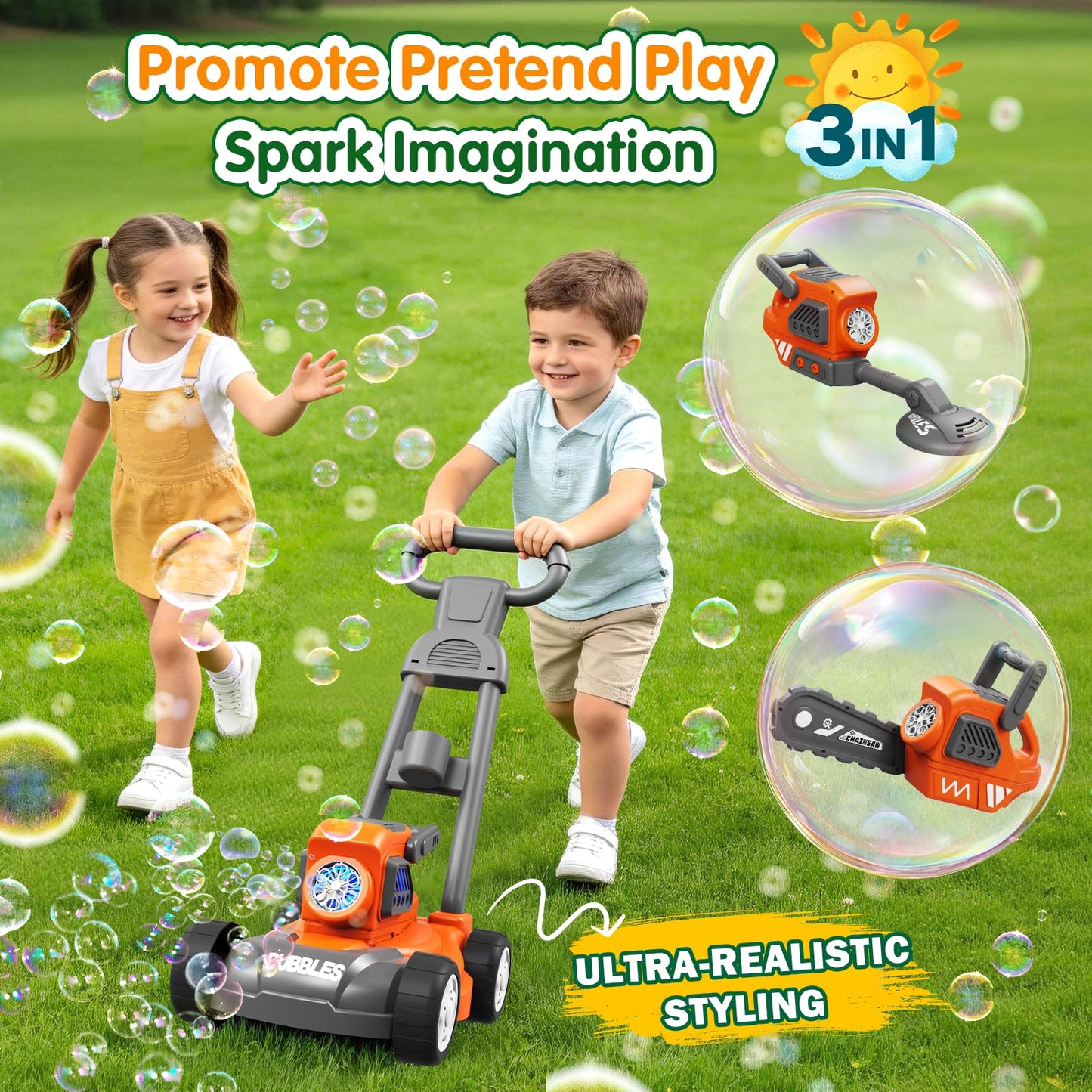 Bubble Lawn Mower for Kids, 3-in-1 Bubble Machine Blower with 10 Bubble Solution, Outdoor Push Toys for Toddlers Ages 3-8, Birthday Easter Summer Gift for Boys Girls 3 4 5 6 7 8 Year Old