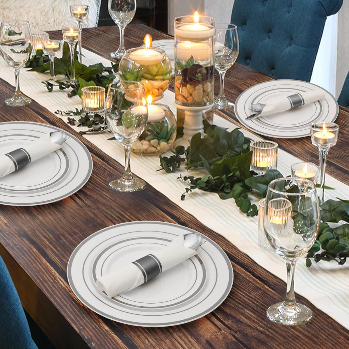 Goodluck 700 Piece Silver Plastic Dinnerware Set for 100 Guests, Disposable Plates for Party, Include: 100 Dinner Plates, 100 Dessert Plates, 100 Pre Rolled Napkins with Silverware, 100 Cups