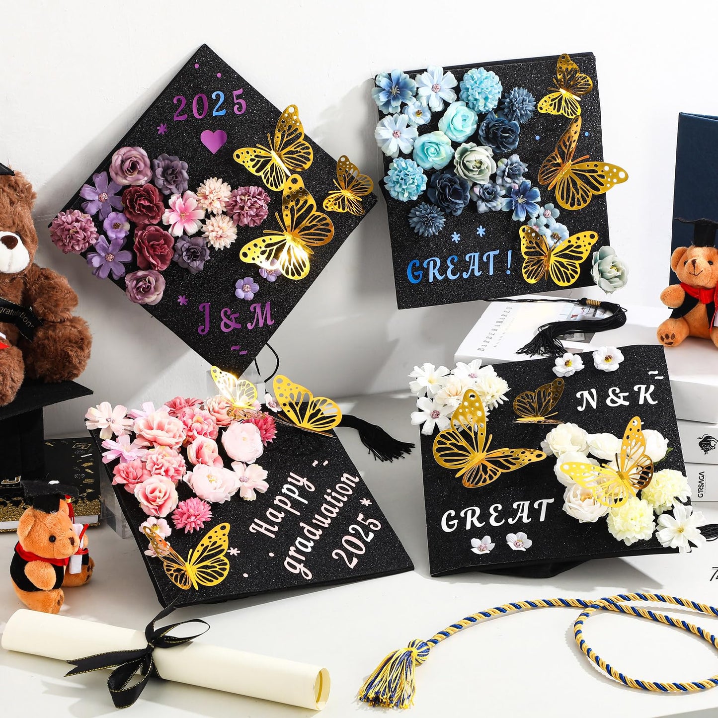 Gilprop 4 Sets 104 Pcs Graduation Cap Decorations Kits, Includes Faux Flower Heads 3D Butterfly Stickers Self Adhesive Glitter Alphabet Letter Number Stickers for Grad Hat Topper DIY